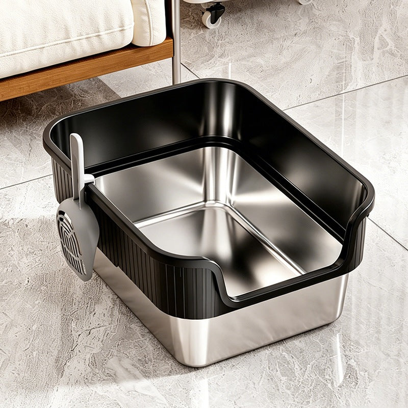 New Stainless Steel Cat Litter Box, Open-style Cat Litter Box With Deepened High Fences, Extra-large Semi-enclosed Cat Toilet