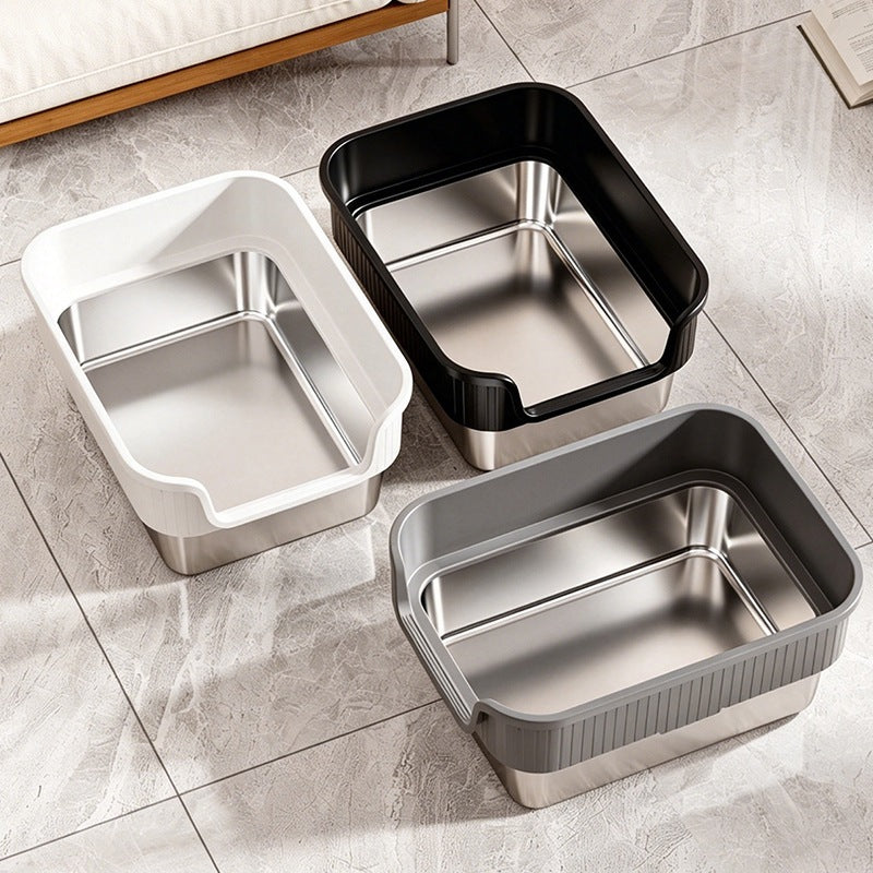 New Stainless Steel Cat Litter Box, Open-style Cat Litter Box With Deepened High Fences, Extra-large Semi-enclosed Cat Toilet