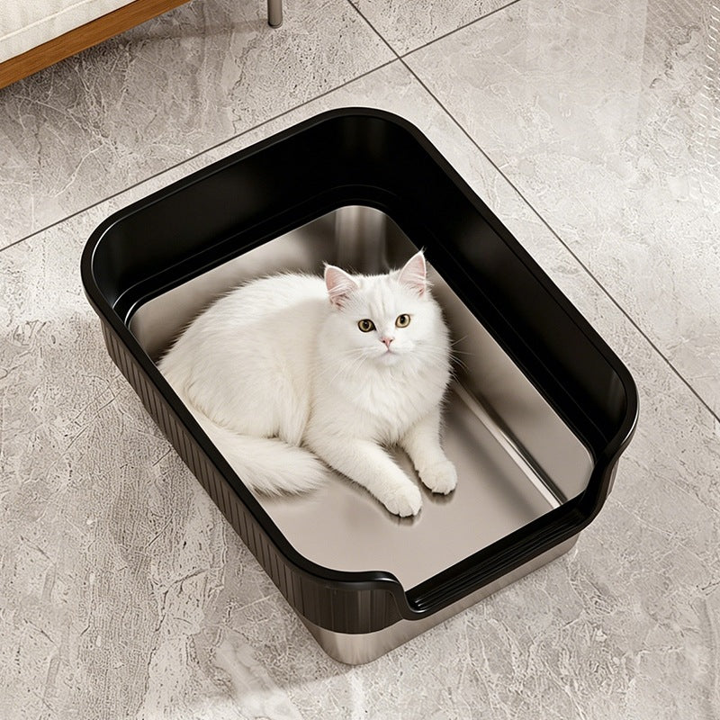 New Stainless Steel Cat Litter Box, Open-style Cat Litter Box With Deepened High Fences, Extra-large Semi-enclosed Cat Toilet