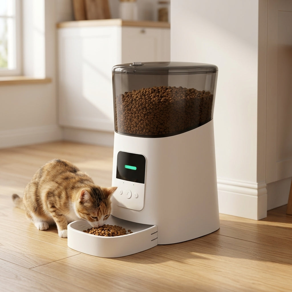 Automatic pet feeder in modern kitchen living room with cat eating