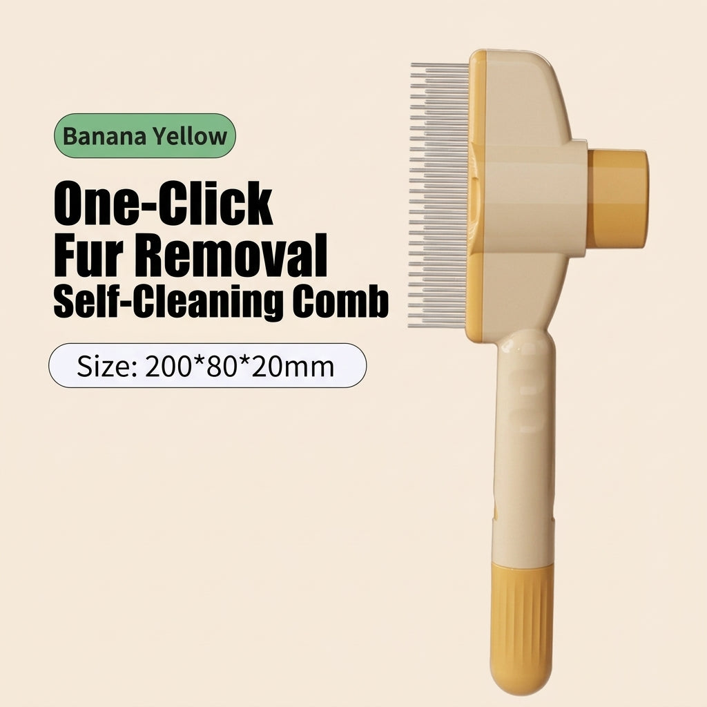 Self-cleaning pet grooming comb in Banana Yellow with one-click fur release mechanism