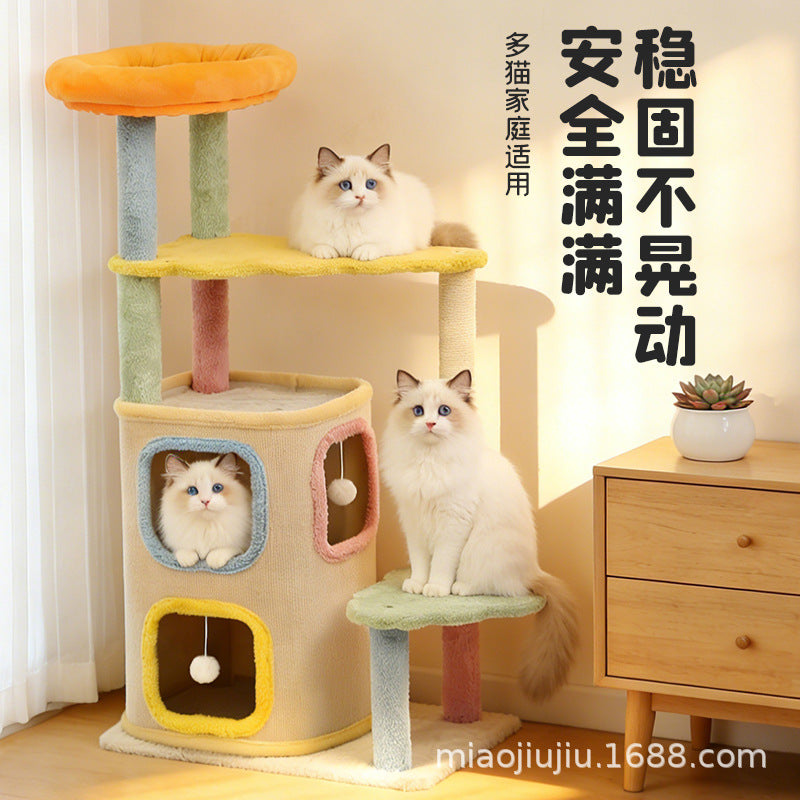 Dopamine Cat Climbing Frame With Integrated Jumping Platform, Cat Climbing Toy, Cat Bed, Sisal Bucket, Macaron Winter Fleece Climbing Frame
