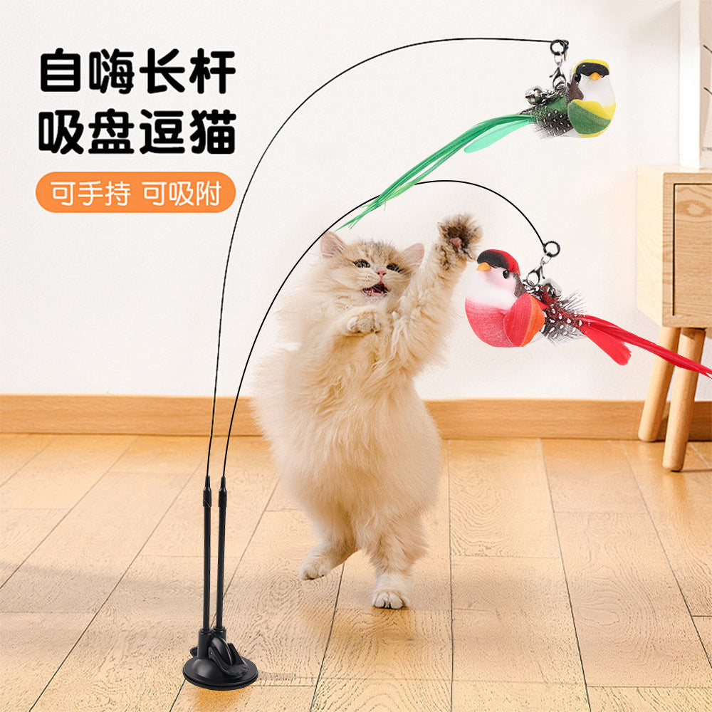 Upgraded Suction Cup Cat Teaser Stick, Self-Pleasure, Removable Steel Wire Double-Headed Cat Teaser Stick Replacement Head Pet Toy