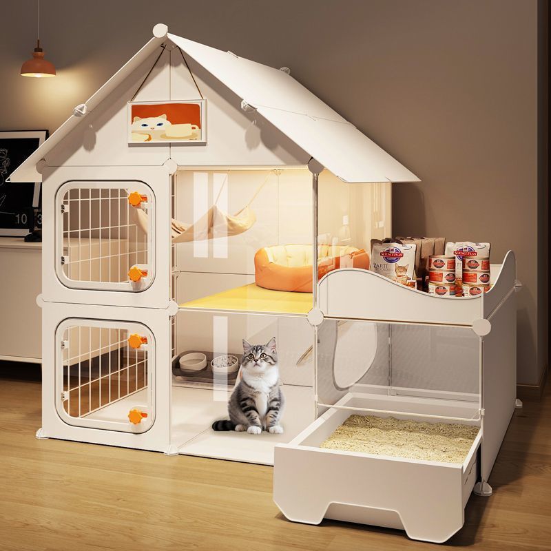 Cat Villa With Integrated Cat Litter Box And Toilet, One Bedroom, One Living Room, One Bathroom, Large Free Space For Home Use, Indoor Cat Cage