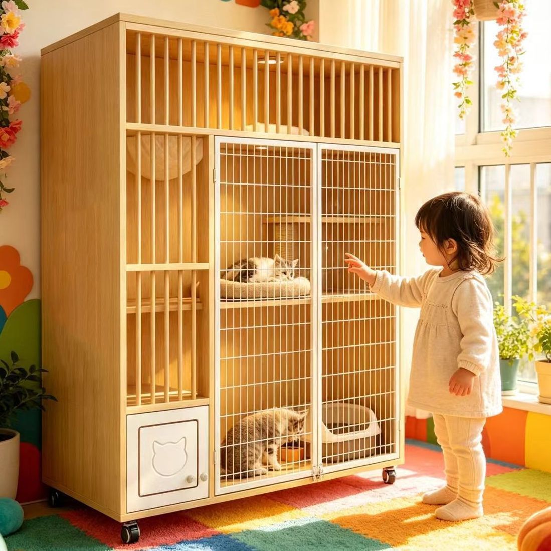 Cat Cage And Cat House, Luxurious Indoor Pet Home With Extra-large Space, Free-door Access, Integrated Toilet, Ventilated Cat Villa