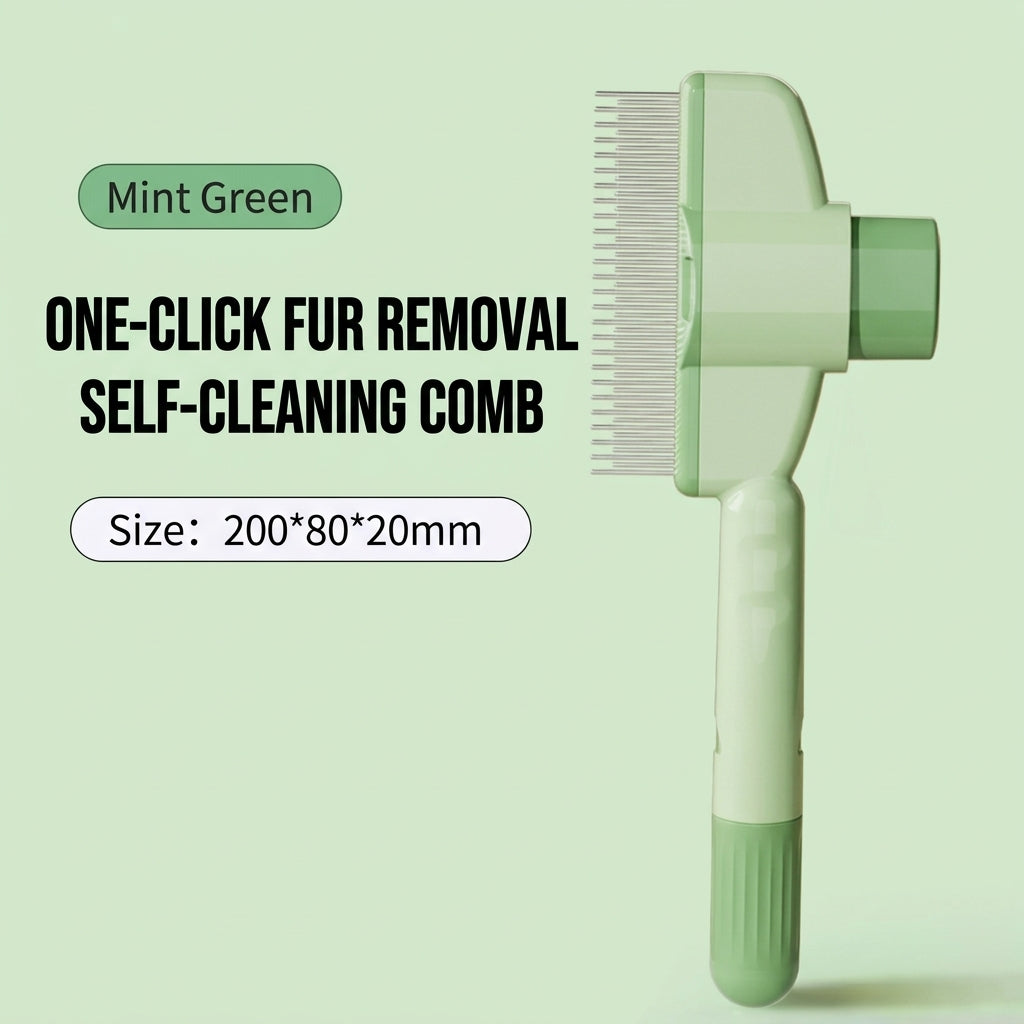Self-cleaning pet grooming comb in Mint Green with one-click fur release mechanism