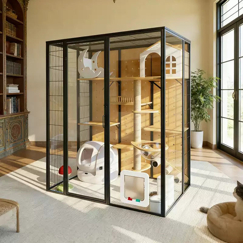 Panoramic Cat Cage Villa With Extra-Large Space, Indoor Glass Cat House For Home Use, Free Space With Interior Cage