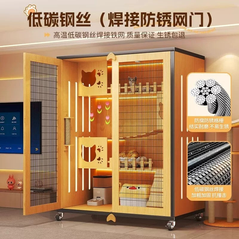 Luxury Indoor Cat Cage, Cat House, Cat Villa, Wooden Frame, Iron Mesh Door, Extra Large Free Space