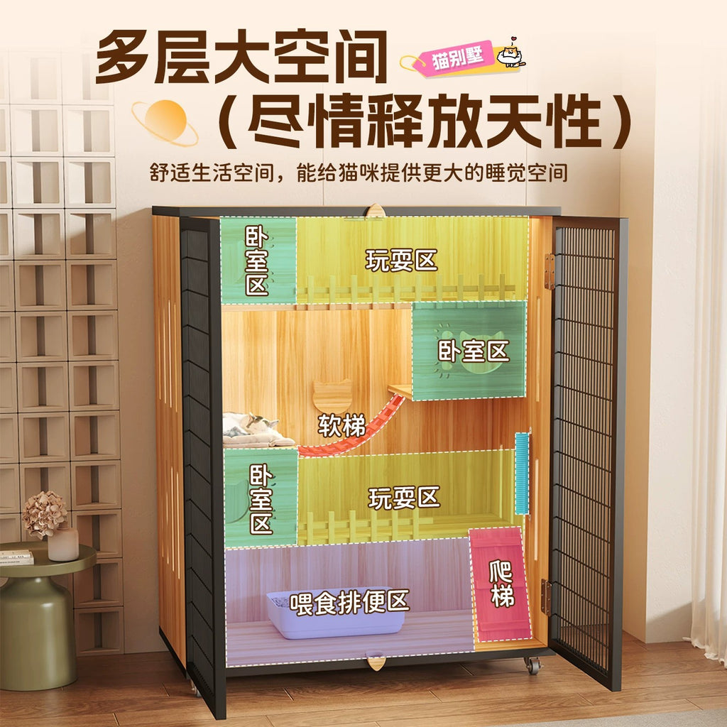 Luxury Indoor Cat Cage, Cat House, Cat Villa, Wooden Frame, Iron Mesh Door, Extra Large Free Space