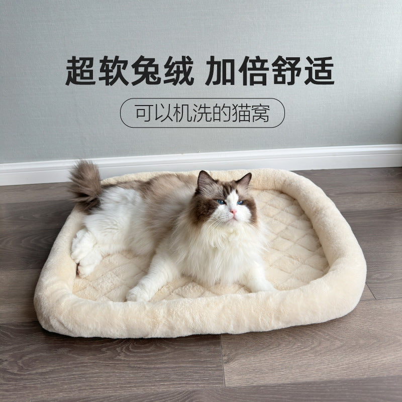 Imitation Rabbit Fur Cat Bed Winter Cat Sleeping Pad Quilted Bottom Machine Washable Cat Mat Plush Cat Bed Winter Warm Cat Bed