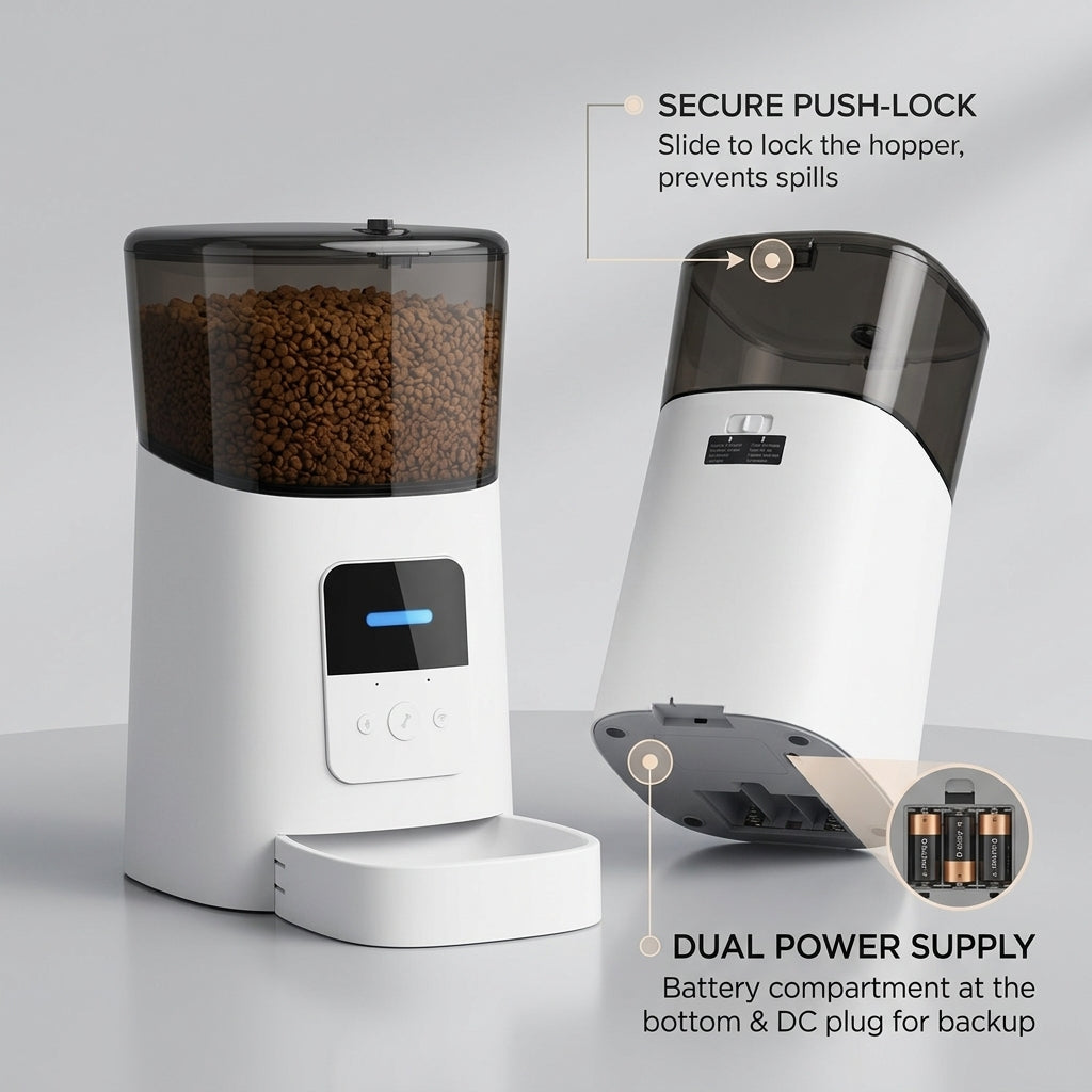 Automatic pet feeder dual power backup and locking hopper mechanism