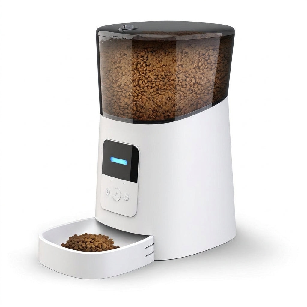 Smart automatic pet feeder studio hero shot on pure white background