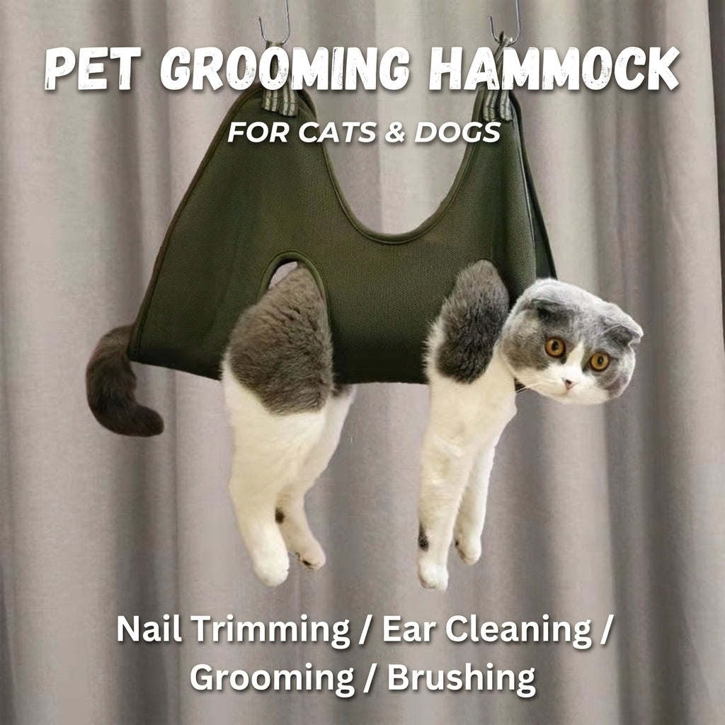 Pet Grooming Hammock with cat suspended for nail trimming and grooming care