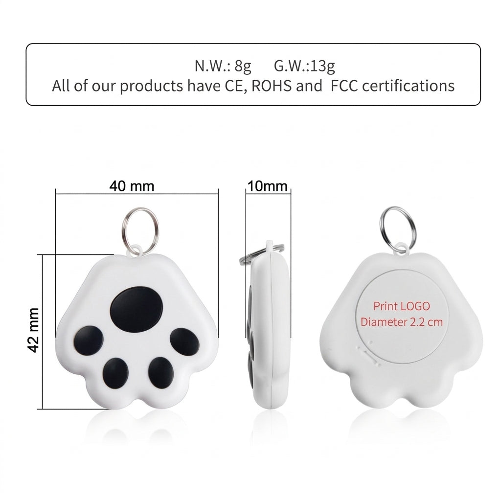 Bluetooth cat paw tracker specification diagram with dimensions and custom logo area in English