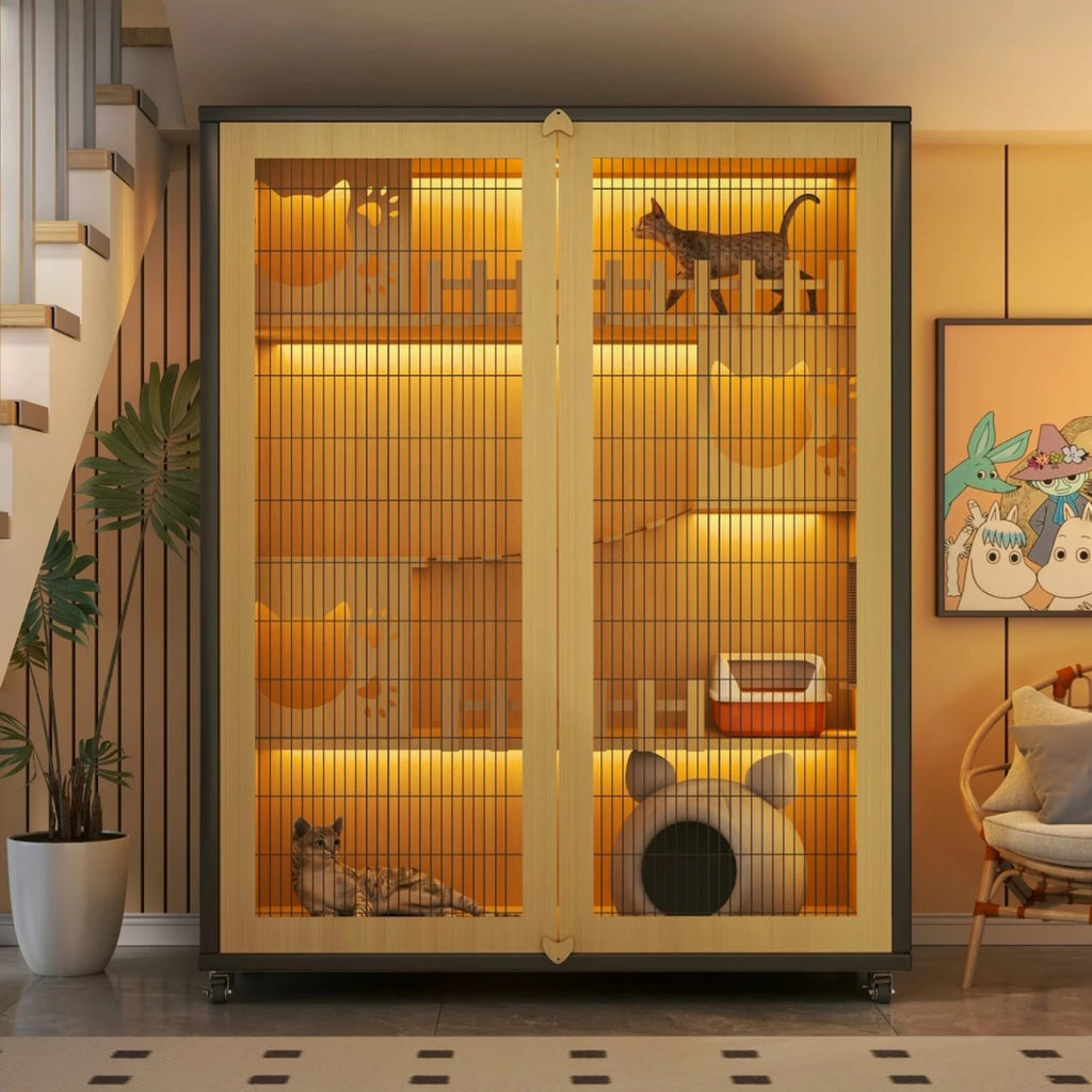 Luxury Indoor Cat Cage, Cat House, Cat Villa, Wooden Frame, Iron Mesh Door, Extra Large Free Space