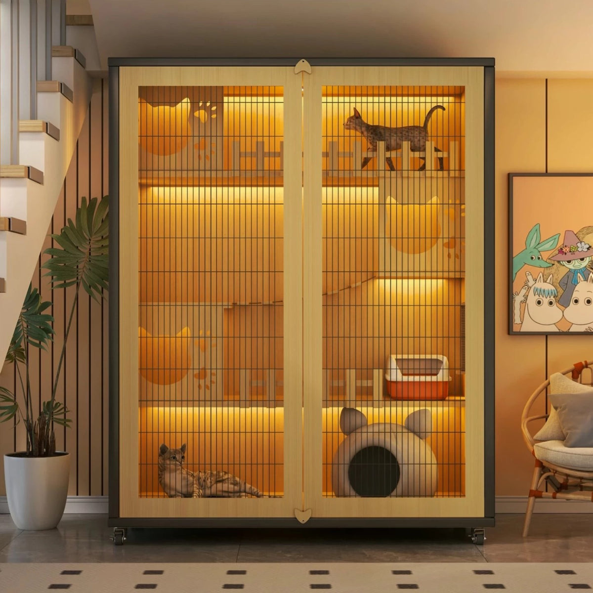 Luxury Indoor Cat Cage, Cat House, Cat Villa, Wooden Frame, Iron Mesh Door, Extra Large Free Space